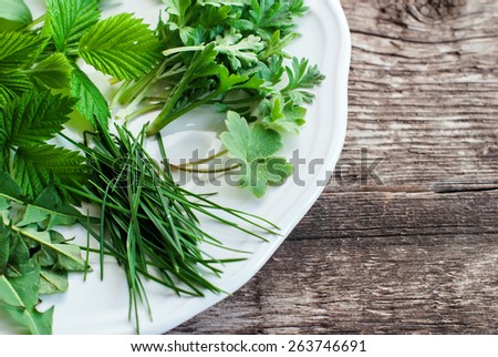 Leaves. Greens for natural decoration of Easter eggs which need boiled in an egg shell on white plate, on wooden Table