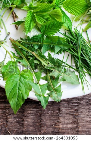 Green Fresh Wild Leaves on Plate. For natural decoration of Easter eggs which need boiled in an egg shell