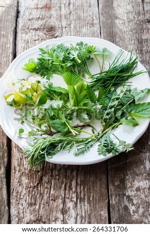 Wild Grass on Plate. Natural Decor for Easter Eggs. Country Style