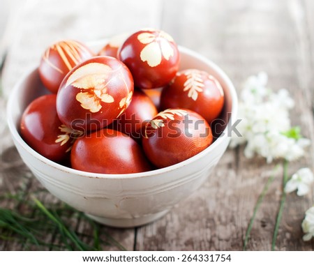 Vintage Bowl with Easter Eggs Decorated with Natural Fresh Leaves and Boiled in Onions Peels