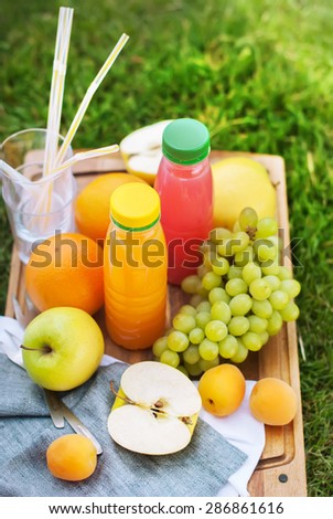Picnic on Green Grass with Fresh Juice and Fruit, Apples, Apricot, Grapes, Orange