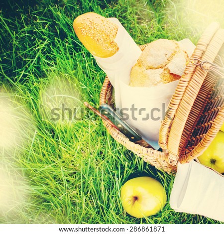 Picnic Wattled Basket with Food: Apples,Fresh Bread on Green Grass. Image with filter effect instagram and Sun Bokeh
