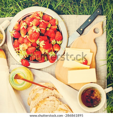 Linen Table with Summer Food Fresh Bread, Cheese, Honey, Strawberry,Tea. Picnic on Grass. Image with filter effect instagram