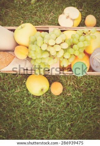 Picnic Food in Wattled Basket with Fresh Bread, Apples and cheese on Green Grass, horizontal image