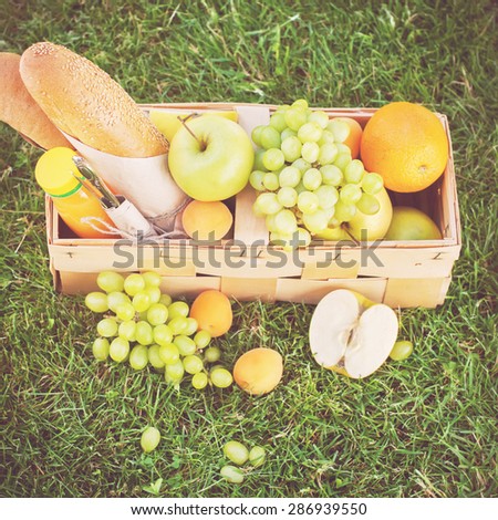 Harvest on Green Grass, Picnic Food in Basket with Fresh Bread and Fruit. Horizontal image. Toned
