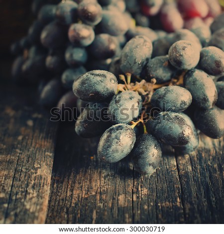 Cluster of Blue Grapes on Old Wooden Background. Vintage Style and Toned Image