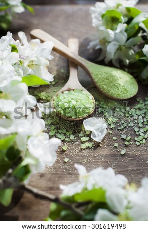 Green Sea Salt in a Wooden Spoons with White Petals of Flowers, care and protection of body