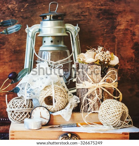 Vintage Things with Memories in Still Life on Wooden Background