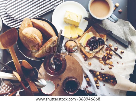 Morning Table Breakfast Egg Tea Toast Raspberry Jam. Effect Toning Instagram. Kinfolk Stil Life Top View