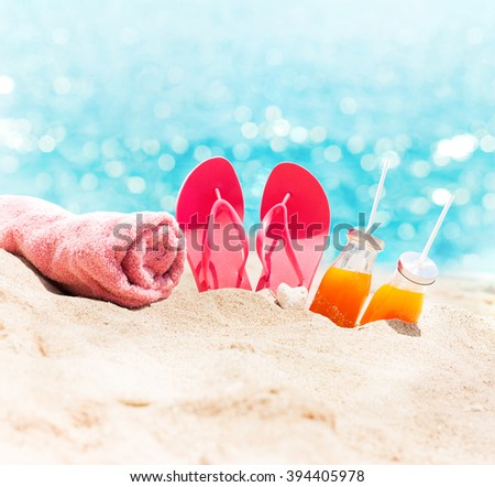 Sunny Beach Blue Sea Pink Flip Flops Towel Orange Juice Summer Holiday Concept