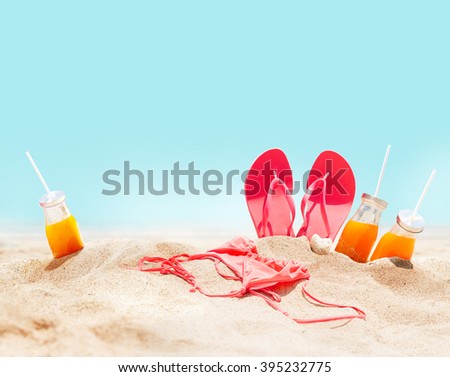 Sunny Sand Beach Pink Bikini Flip Flops Orange Juice Blue Summer Holiday Concept