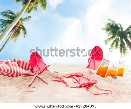 Holiday Accessories on Sand Beach Orange Juice Bikini Slippers Sea Star Sunny Summer Day Relax Concept Art Collage Palm Background