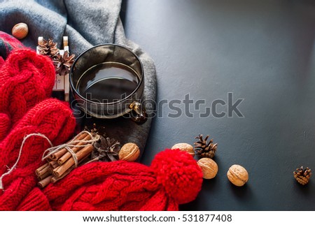 Tea Cup Hot Steam Tea Window Winter Autumn Time Christmas New Year Tinted Toned Photo Knitting Red Thing