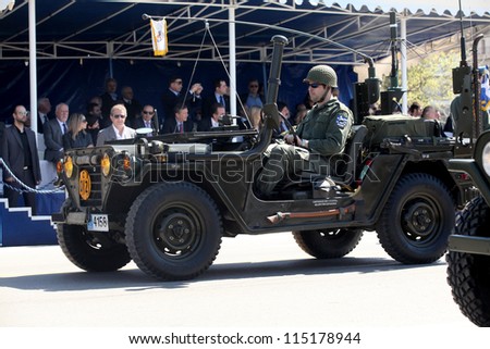 THESSALONIKI, GREECE - MAY 25: Soldier on an Army jeep parades in Greek National Revolution Day Parade, on May 25, 2011, Thessaloniki, Greece.