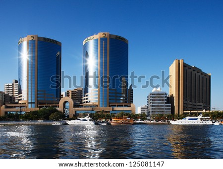 DUBAI CREEK, UAE - MAY 27 - The Twin Towers of Dubai Creek are 102 m tall each.  Construction works finished in 1998. Picture taken on May 27, 2010.