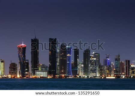 Doha, Qatar - May 26: A Skyline View Of Doha At Dusk On May 26, 2010 In Doha, Qatar. The West Bay Area Of The Capital Is The New Playground For Architects In The Middle East