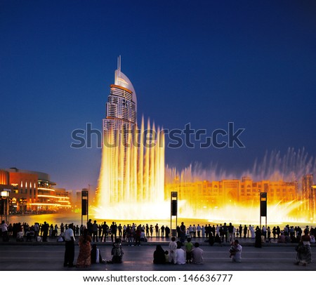Dubai, Uae - Jul3 : The Dubai Fountain On Jul 3, 2013 In Dubai. Dubai\'S Best Attraction, With 6600 Lights, 275 M Long And Shoots Water Up To 150 M Into The Air Accompanied By A Range Of World Music