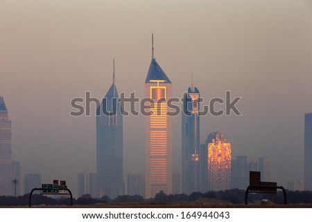 DUBAI, UAE - OCT 30: Dubai skyline as seen from Business Bay shot just before dawn on Oct 30, 2013 in Dubai, UAE.