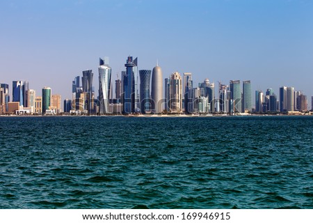 DOHA, QATAR - NOV 15: The West Bay City skyline as viewed from The Grand Mosque on Nov 15, 2013 in Doha, Qatar. The West Bay is considered as one of the most prominent districts of Doha