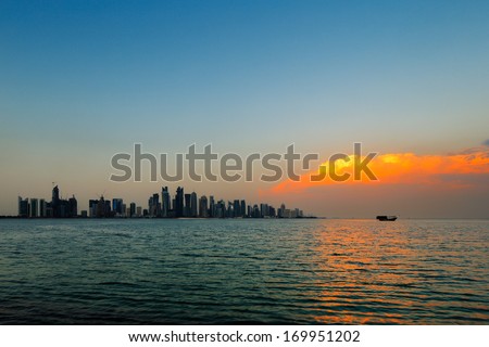 Doha, Qatar - Nov 14: A Beautiful Sunset Cloud Adds Vibrancy To The City Skyline On Nov 14, 2013 In Doha, Qatar. The West Bay Is Considered As One Of The Most Prominent Districts Of Doha