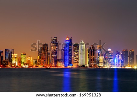 DOHA, QATAR - NOV 14: Iconic new towers grace the skyline of the West Bay area of Doha at dusk on Nov 14, 2013 in Doha, Qatar. The West Bay is considered as one of the most prominent districts of Doha