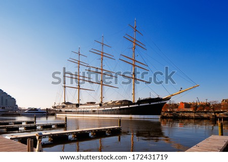 PHILADELPHIA - DEC 1: The square-rigged tall sailing ship, Mosholu, stands reflective and graceful in the still waters of PennÃ¢Â?Â?s Landing on Dec 1, 2013 in Philadelphia, USA