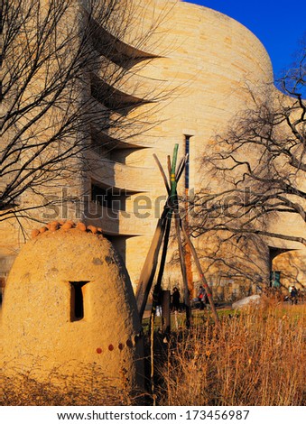 WASHINGTON DC - NOV 29: The National Museum of the American Indian on Nov 29, 2013 in Washington DC, USA. It is dedicated to the life, languages, literature, history, and arts of the Native Americans.
