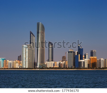ABU DHABI, UAE - FEB 7: A skyline view of the  Corniche Road West as seen from Marina Mall on Feb 7, 2014 in Abu Dhabi, UAE.