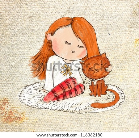 Vintage illustration Sitting girl and cat