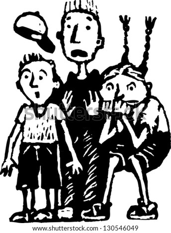 Black and white vector illustration of three scared kids
