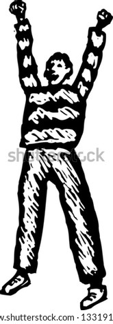 Black and white vector illustration of excited woman cheering