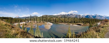 Panoramic View of Rocky Mountains and River