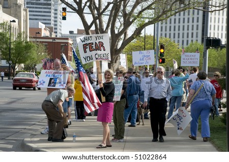 WICHITA, KANSAS - April 15: coffee cup members gather in front of Wichita city hall.  Holding banners and showing support for their cause, April 15, 2010 in Wichita Kansas