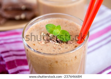 Milkshake (chocolate and banana smoothie) in glass with mint and nuts, homemade dairy breakfast horizontal close up