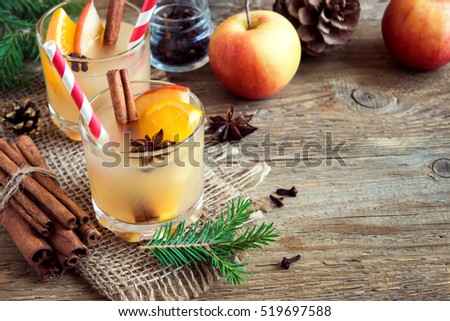 Hot toddy drink (apple orange rum punch) for Christmas and winter holidays - festive Christmas homemade drinks, with copy space