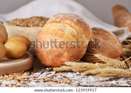 Rural scene with potato homemade bread. Horizontal view.
