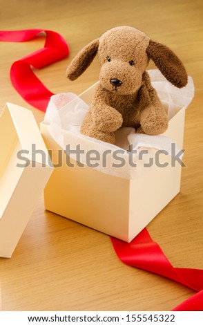 Stuffed puppy toy in gift box