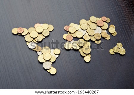 Global money map. World map made of money coins