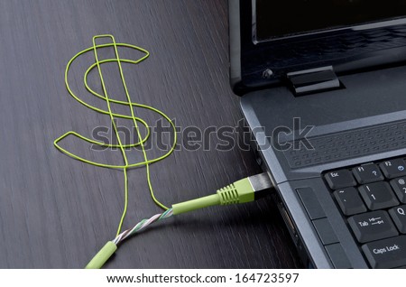 Electronic banking. Green ethernet cable forming a dollar sign