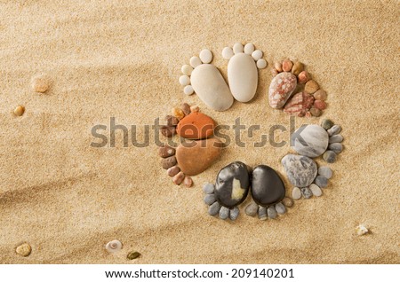 Happy feet. Stone arranged like footprints on the beach