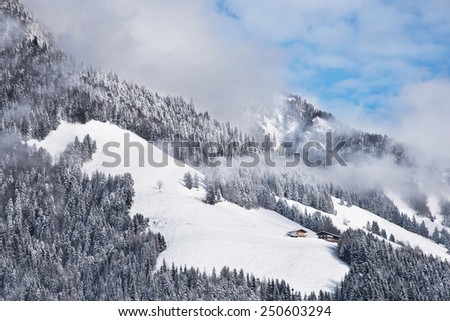 Typical austrian winter season landscape with chalets by the mountain