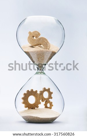 Money makes the world go round. Capitalism. Dollar sign flowing down in hourglass resulting cooperation
