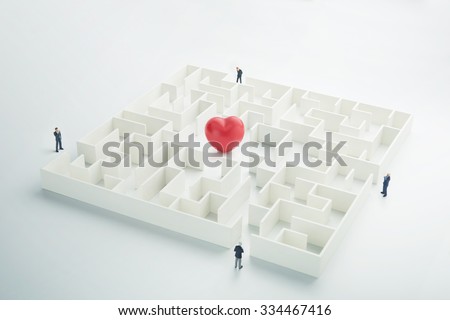 The complex world of emotions. Red heart hidden inside a maze