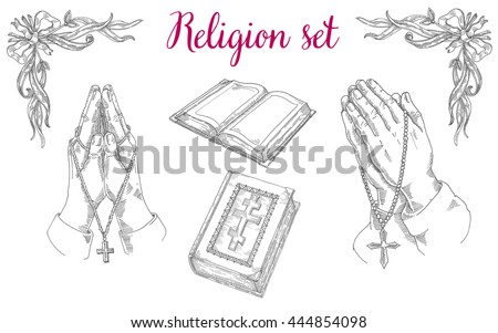 Religious set of praying hands, religious literature, the Bible, Jesus prayer