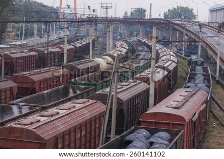 Odessa, Ukraine - October 22, 2011: Commercial Port of Ilyichevsk. railway cars transporting metal and other goods