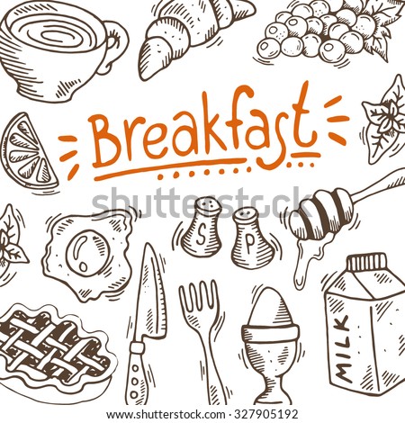 Hand drawn breakfast poster with elements of kitchen. Can be used for menu, background and other design. Vector illustration on the chalkboard.
