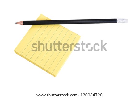 Sharp graphite pencil and yellow lined notes on white isolated background