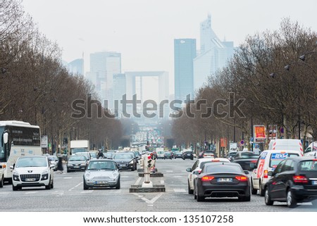 PARIS, FRANCE - APRIL 8: Paris has the worst traffic jams in Europe. View on Paris business center (La Defense) from Arc de Triomphe. Paris, France. April 8, 2013