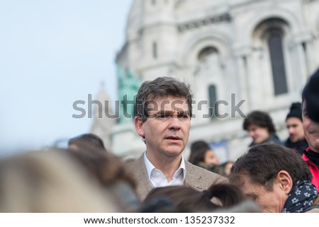 PARIS, FRANCE - APRIL 6: French Minister for Industrial Renewal Arnaud Montebourg supports made in France and talks to the employees of the company Blanc de Vosges at Montmartre. Paris, April 6, 2013