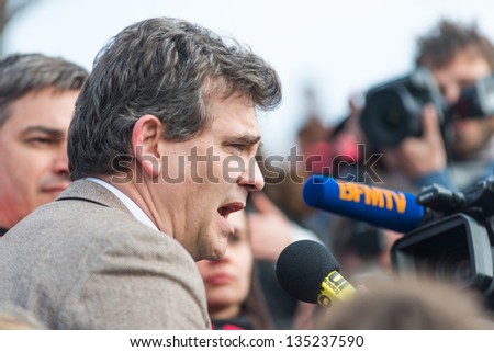 PARIS, FRANCE - APRIL 6: French Minister for Industrial Renewal Arnaud Montebourg supports made in France is interviewed at Montmartre. Paris, April 6, 2013